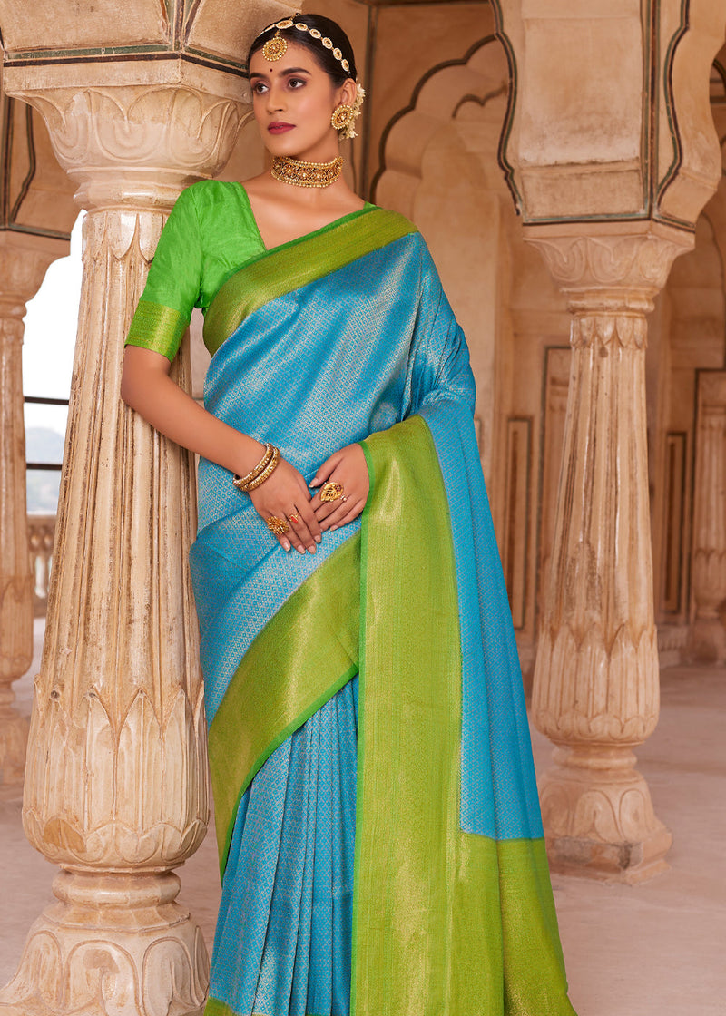 Eastern Blue and Green Woven Kanjivram Silk Saree