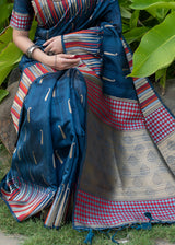 Elephant Blue Tussar Raw Silk Saree