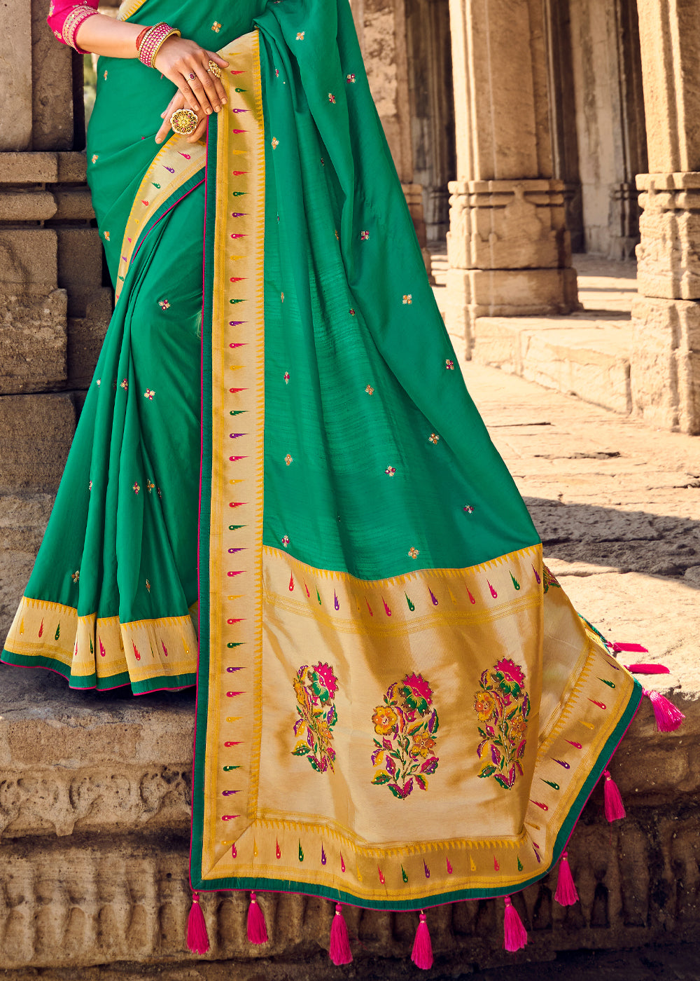 Buy MySilkLove Salem Green Banarasi Woven Silk Saree with Designer Blouse Online