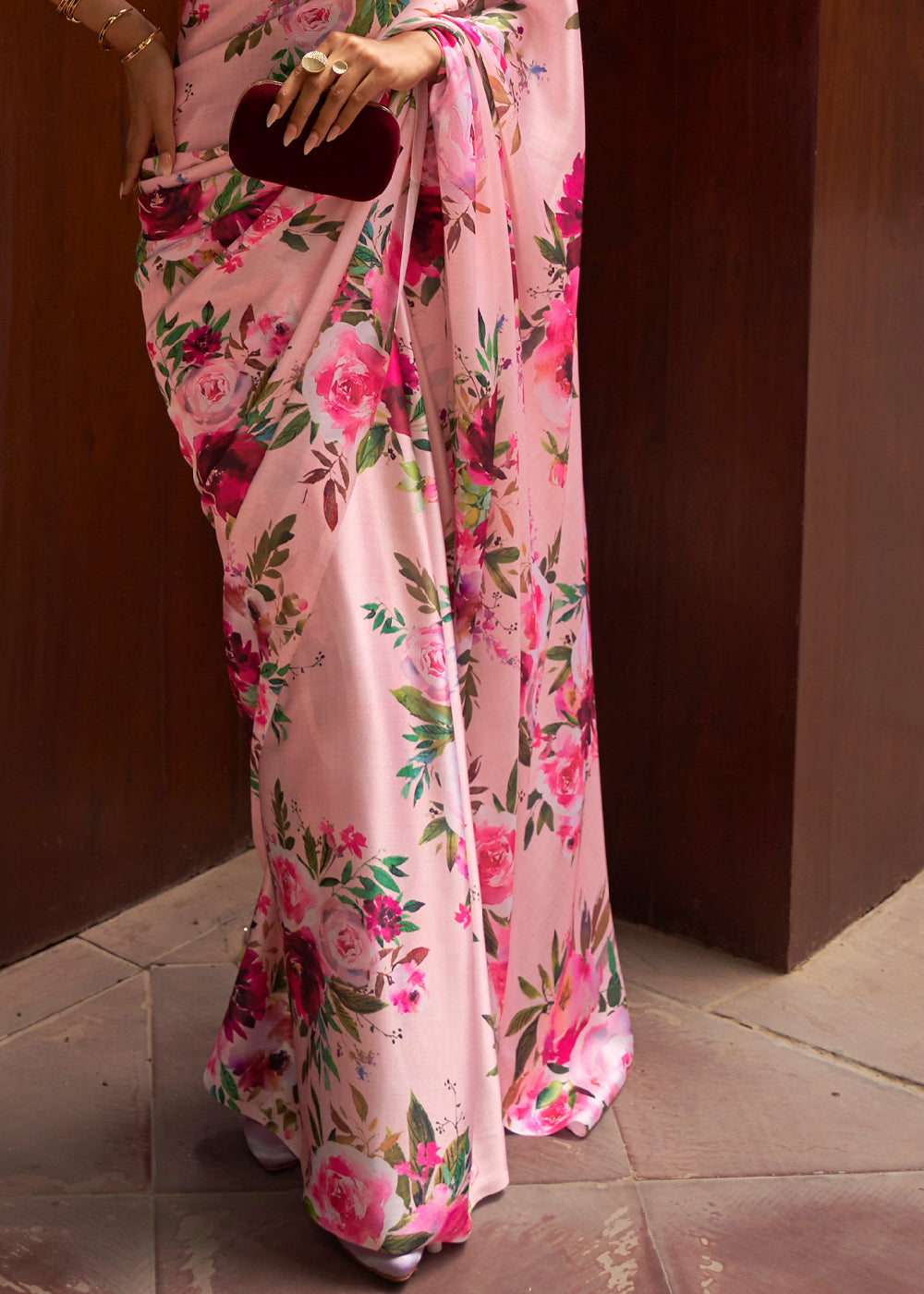 Buy MySilkLove Cupid Pink Floral Printed Satin Silk Saree Online
