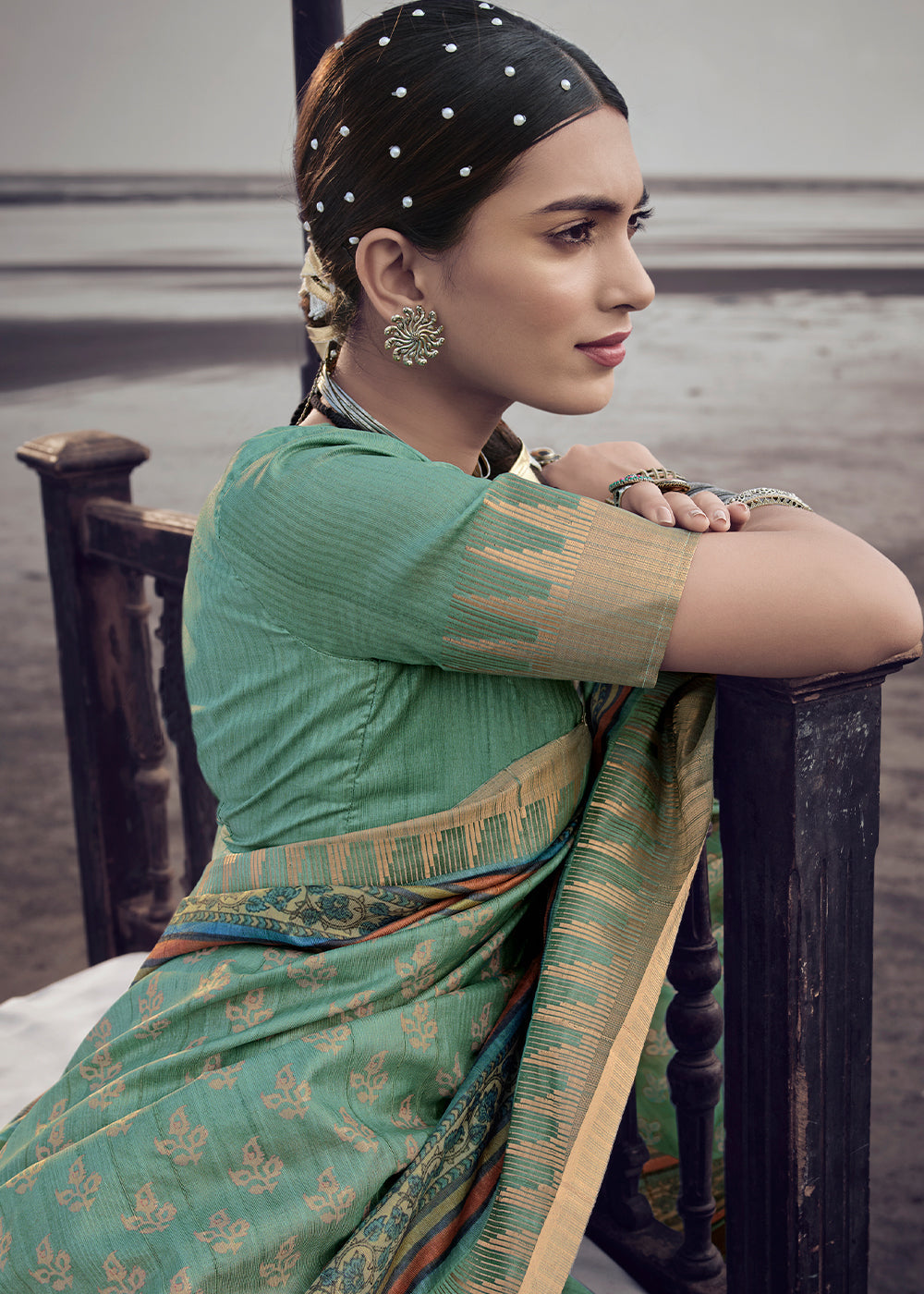 Buy MySilkLove Oxley Green Printed Designer Silk Saree Online