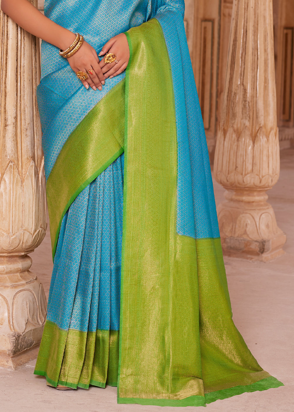 Buy MySilkLove Eastern Blue and Green Woven Kanjivram Silk Saree Online