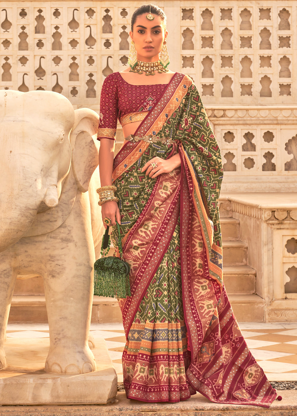 Buy MySilkLove Sycamore Green and Maroon Woven Patola Silk Saree Online