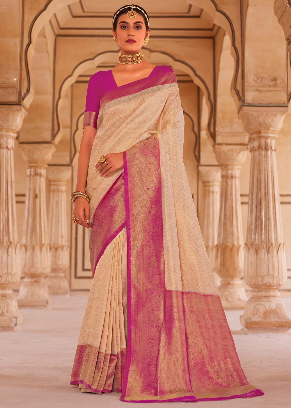 Buy MySilkLove Cape Honey Cream and Pink Woven Kanjivram Silk Saree Online