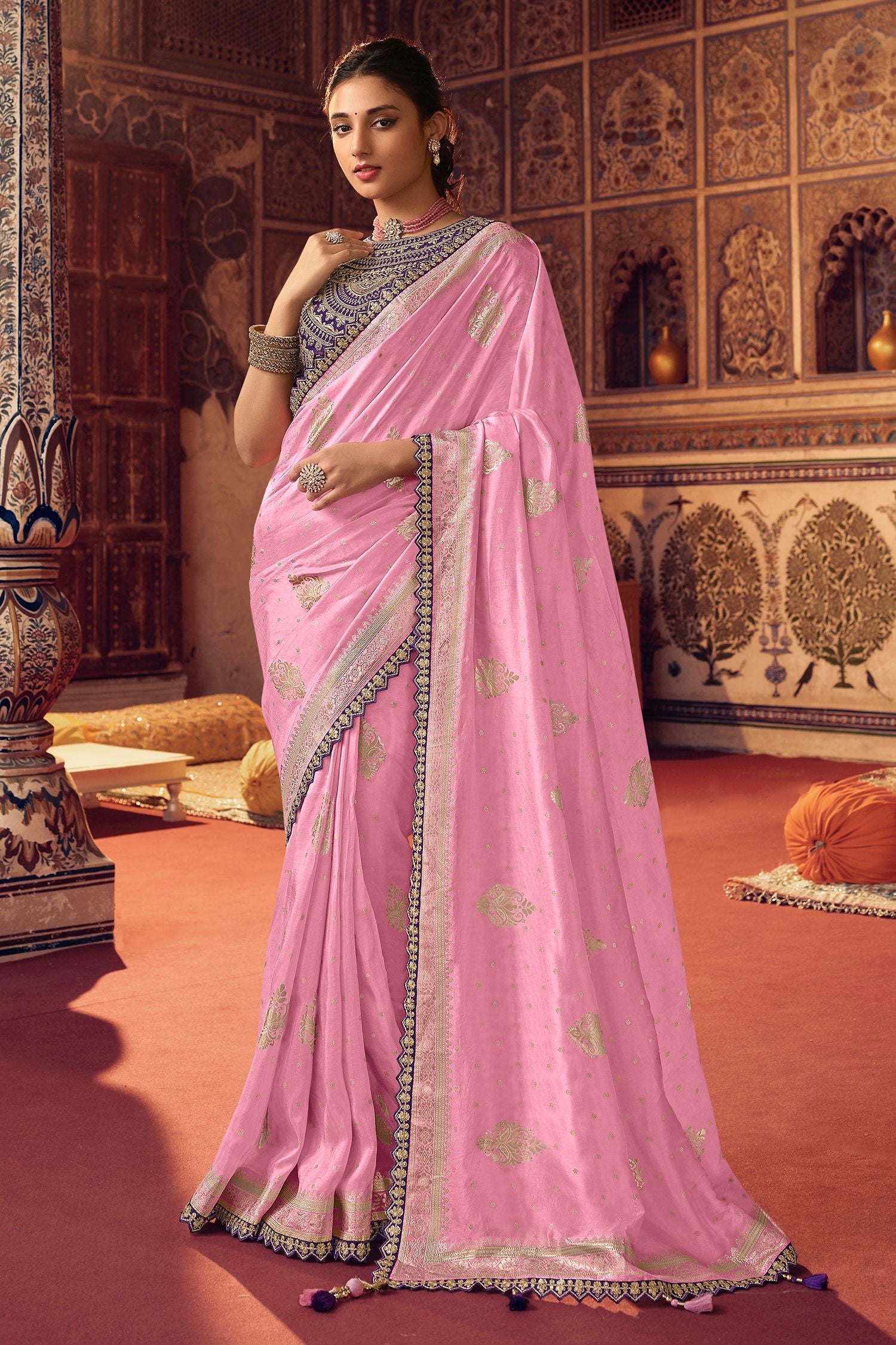 Buy MySilkLove Charm Pink Organza Woven Silk Saree With Peacock Motifs Online