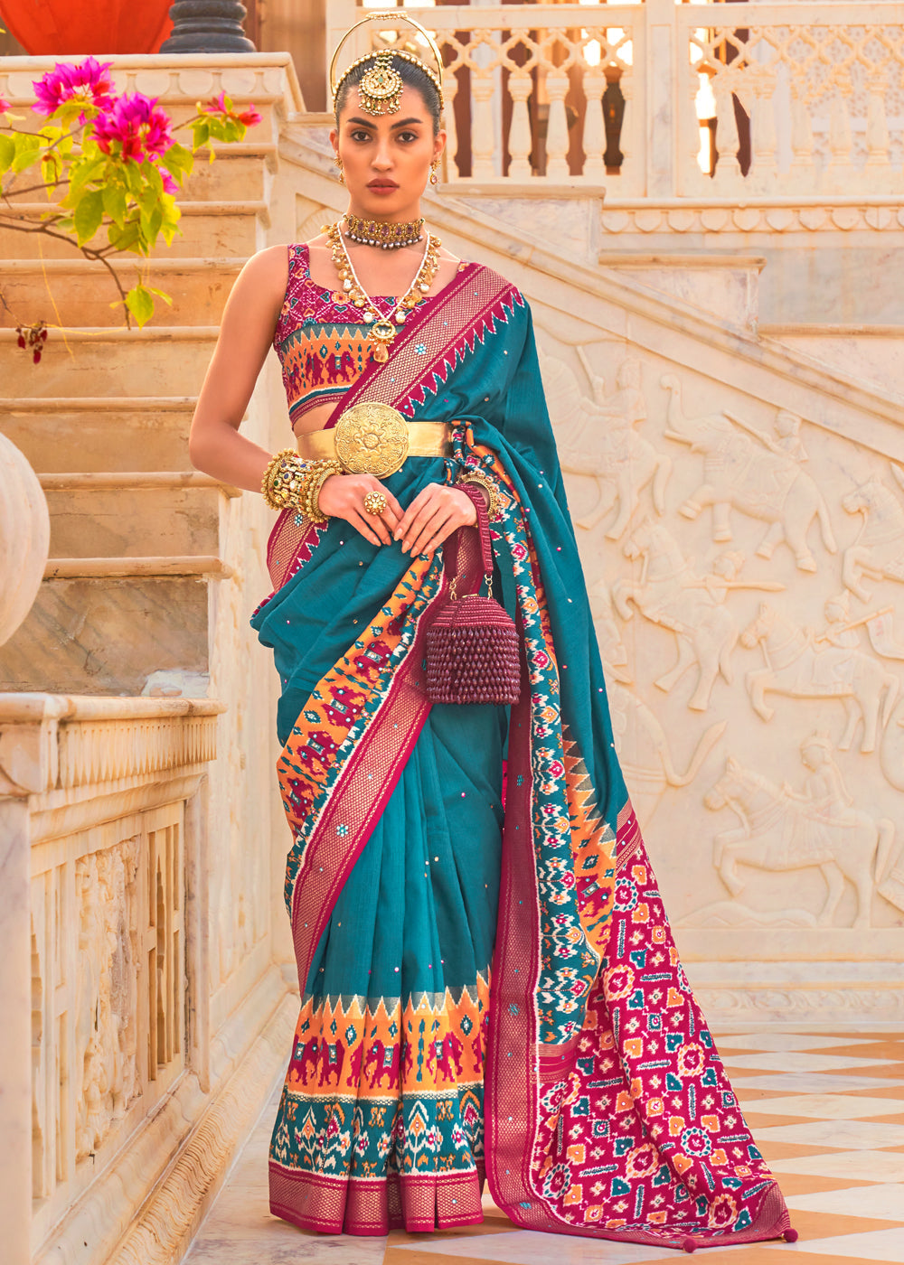 Buy MySilkLove Blue Chill and Pink Woven Patola Silk Saree Online