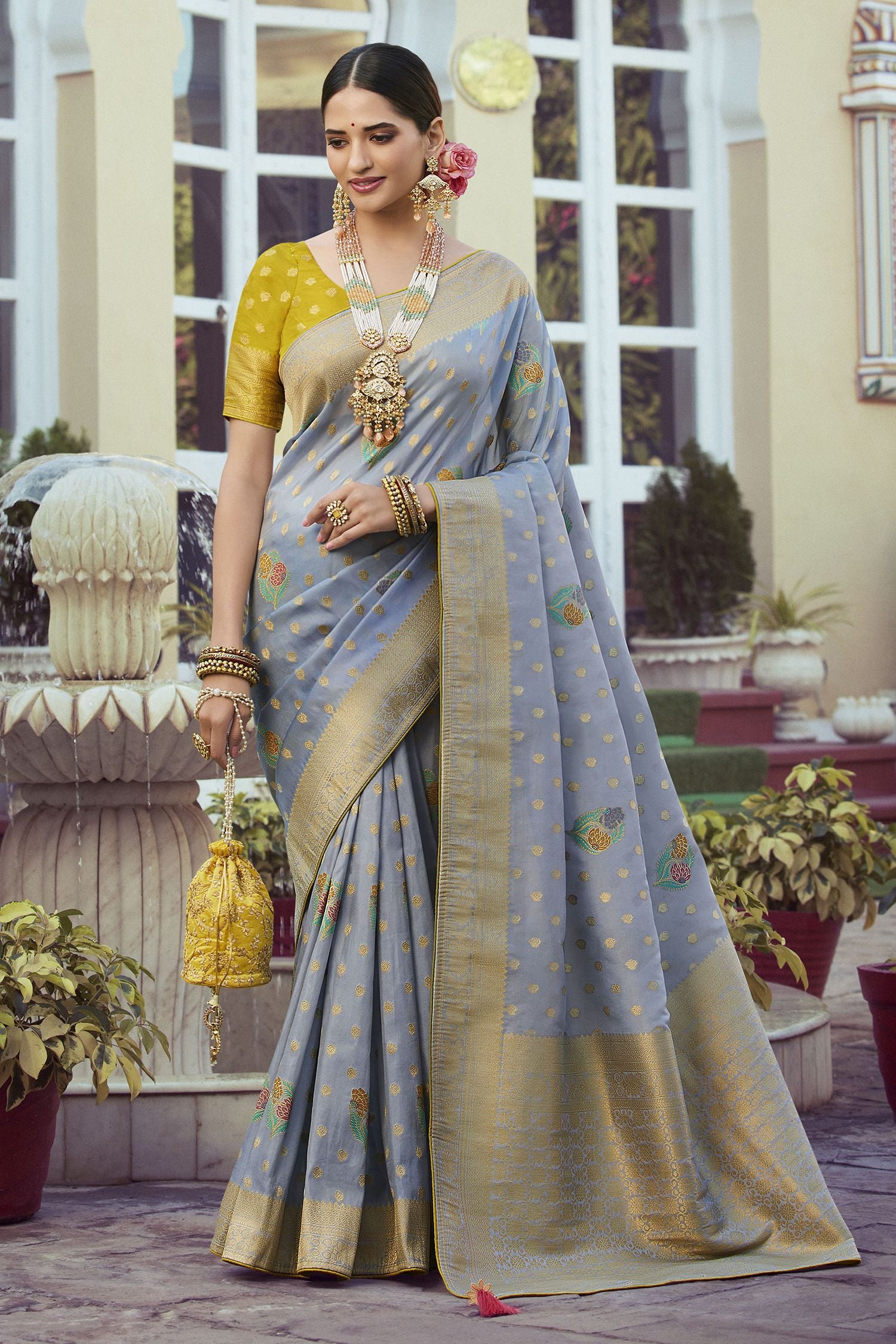 Buy MySilkLove Cadet Blue Woven Designer Banarasi Silk Saree Online