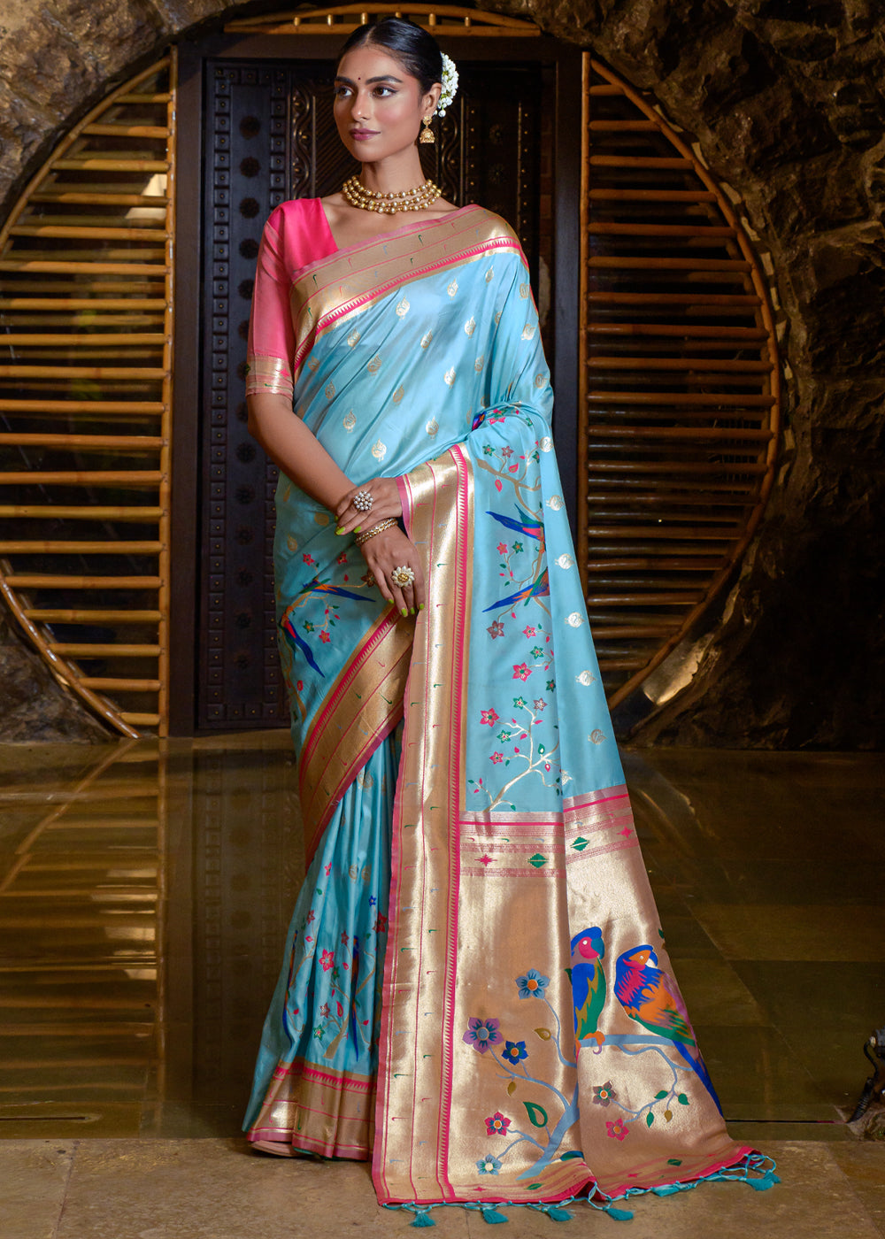 Buy MySilkLove Pelorous Blue Woven paithani Silk Saree Online