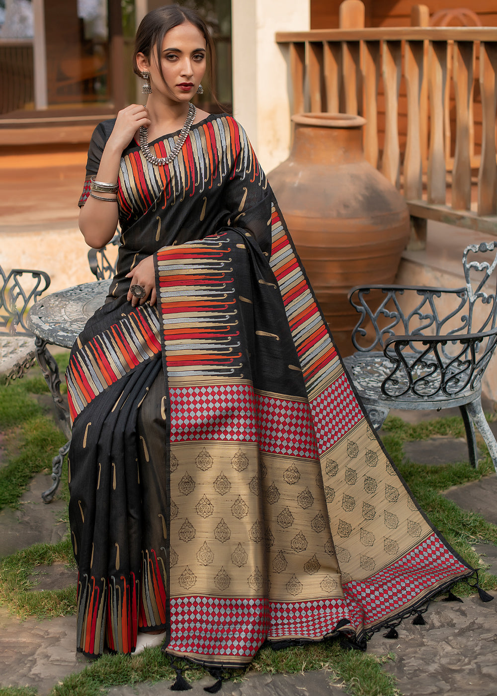 Buy MySilkLove Nero Black Tussar Raw Silk Saree Online