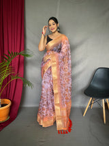 Bouquet Purple Organza Floral Printed with Sequins Jacquard Woven Saree
