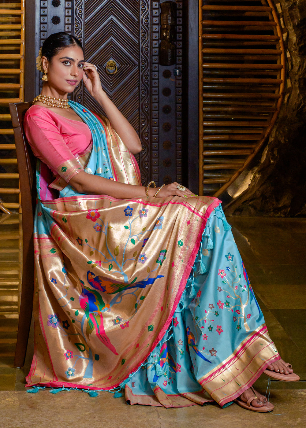 Buy MySilkLove Pelorous Blue Woven paithani Silk Saree Online