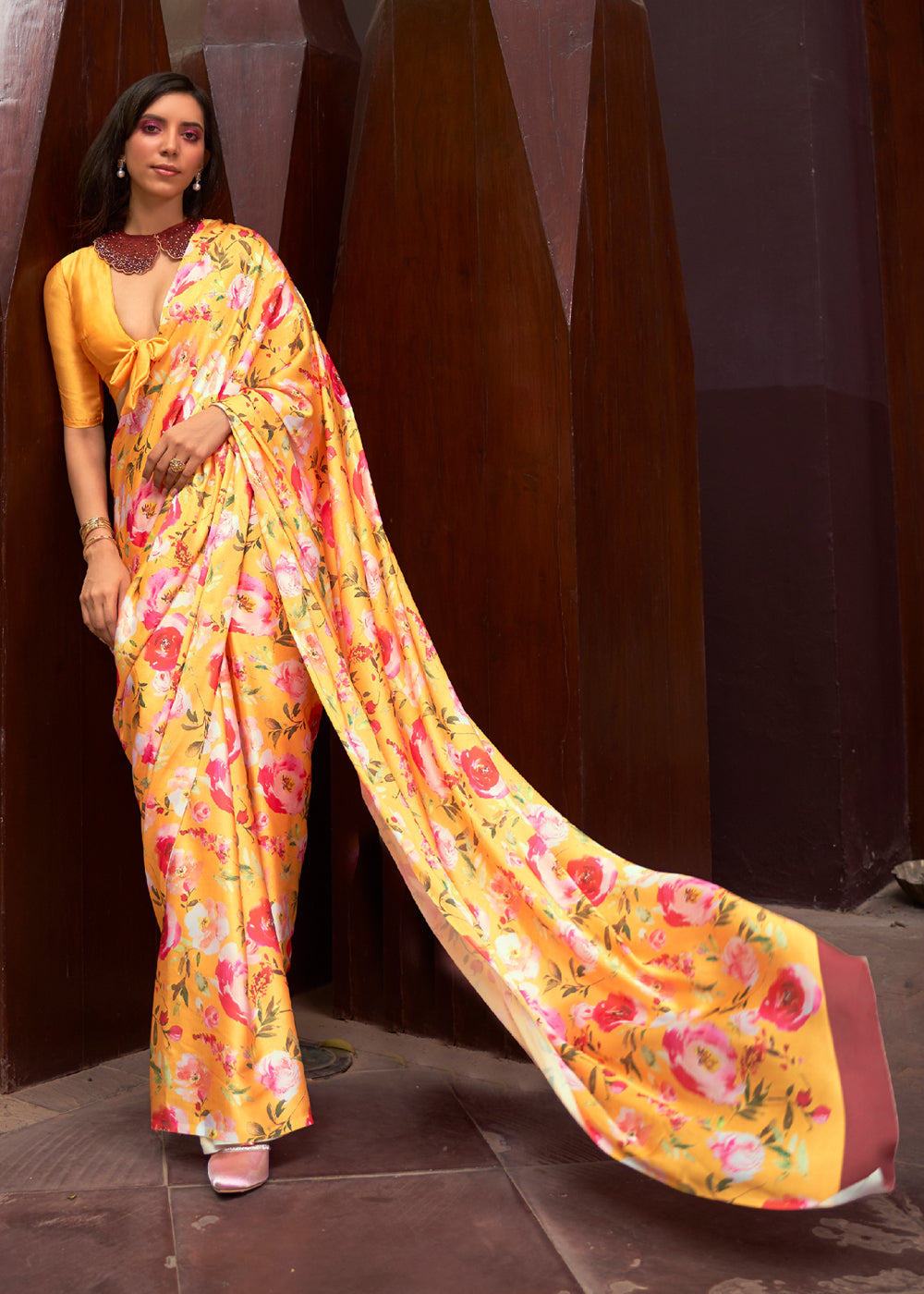 Goldenrod Yellow Floral Printed Satin Silk Saree