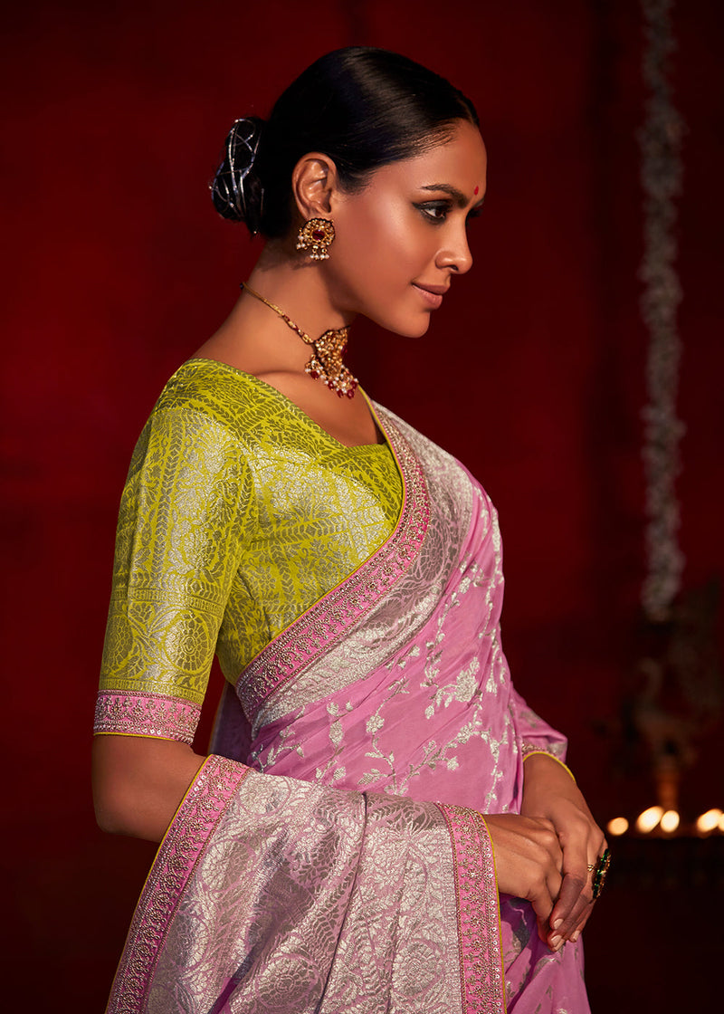 Carissma Pink Woven Banarasi Georgette Silk Saree