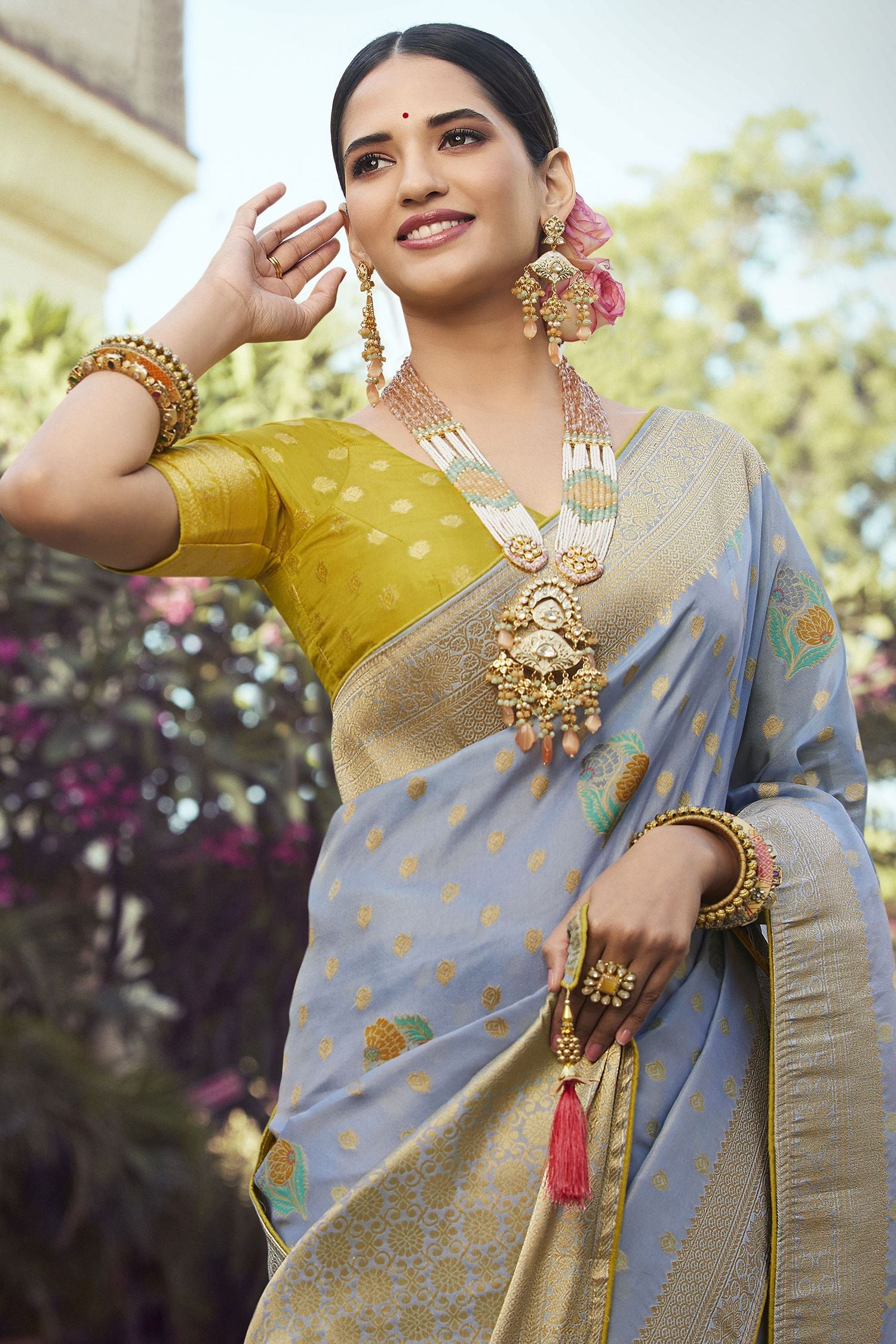 MySilkLove Cadet Blue Woven Designer Banarasi Silk Saree