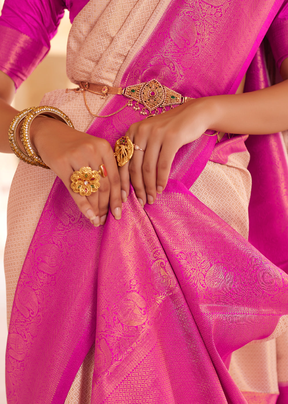 MySilkLove Cape Honey Cream and Pink Woven Kanjivram Silk Saree