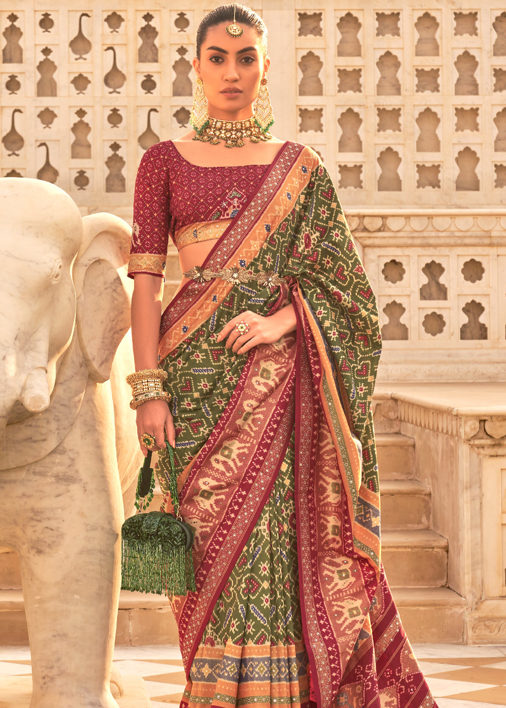 Buy MySilkLove Sycamore Green and Maroon Woven Patola Silk Saree Online