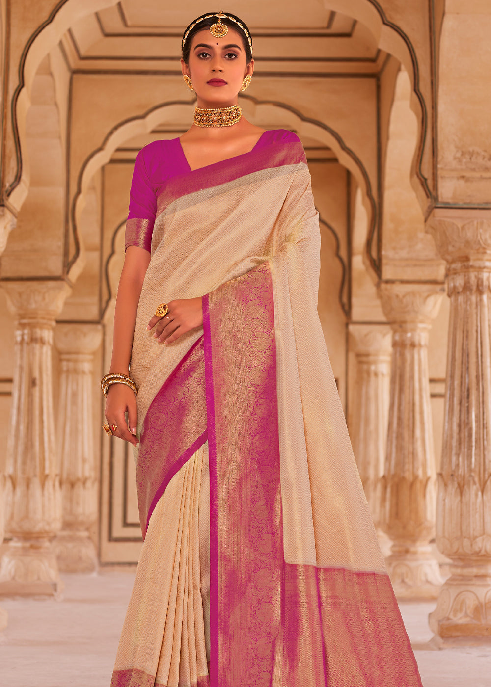 Buy MySilkLove Cape Honey Cream and Pink Woven Kanjivram Silk Saree Online