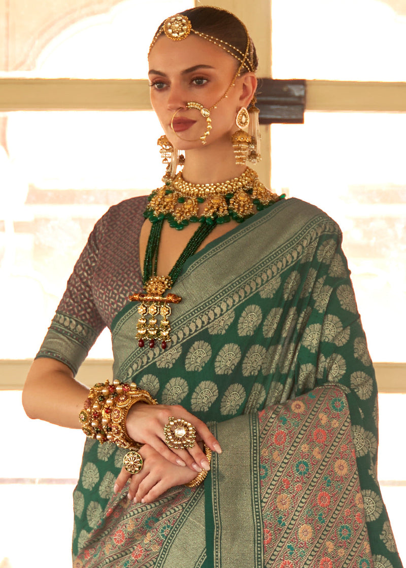 Finch Green Zari Woven Banarasi Silk Saree