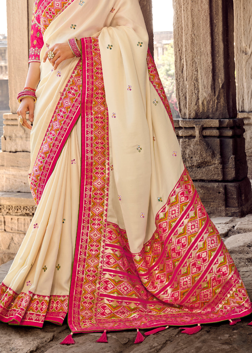 Buy Dairy Cream Banarasi Woven Silk Saree with Designer Blouse Online MySilkLove