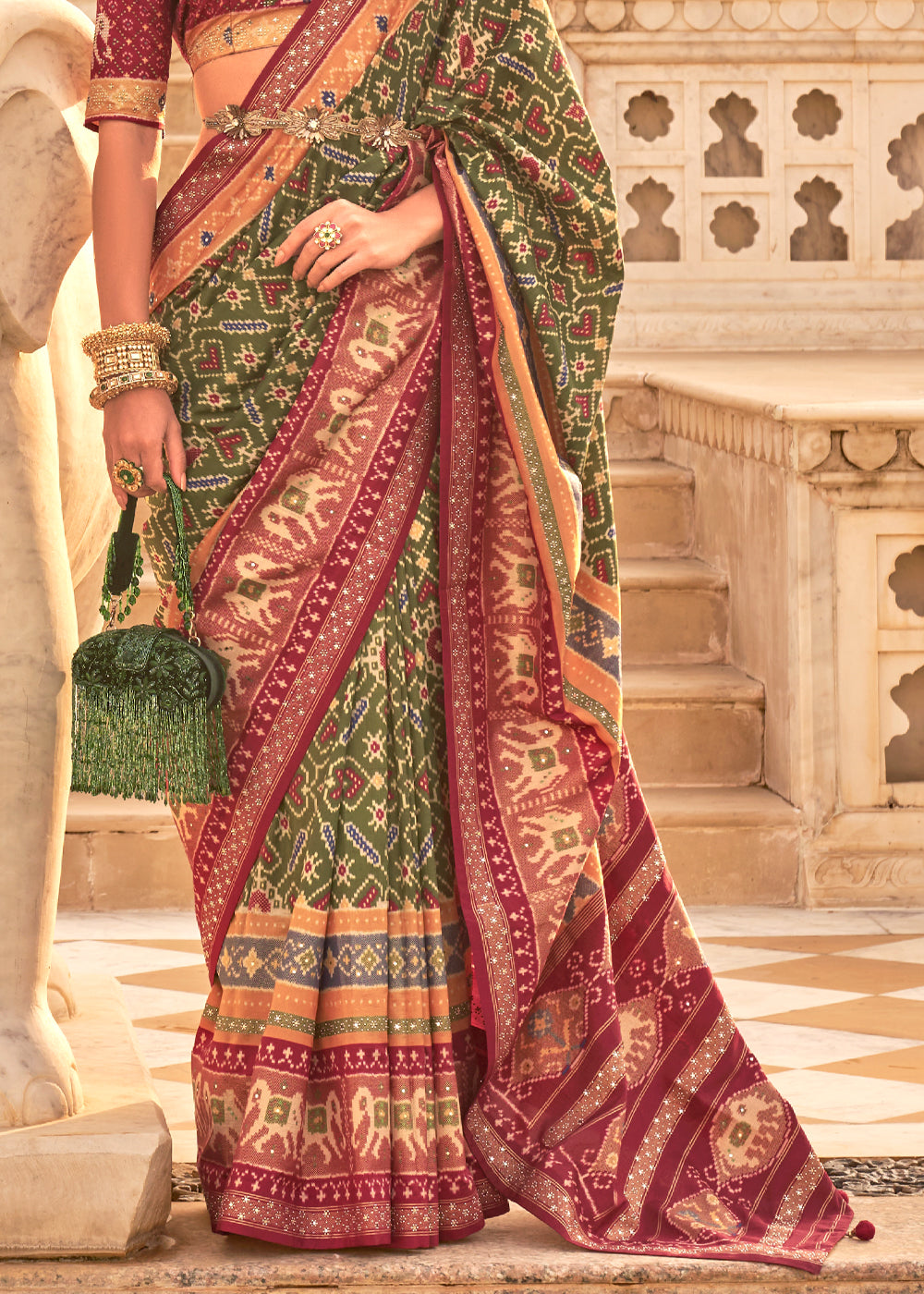 Buy MySilkLove Sycamore Green and Maroon Woven Patola Silk Saree Online