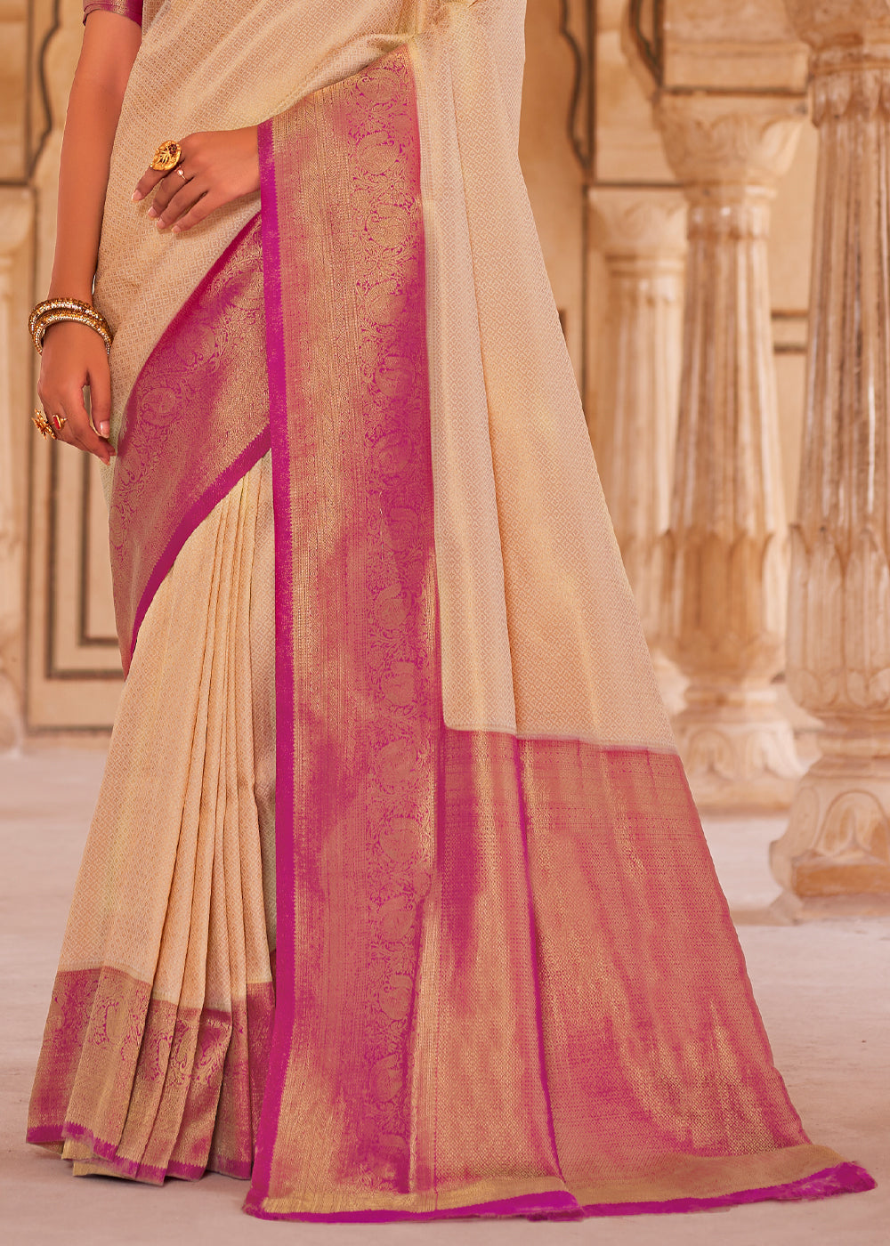 Buy MySilkLove Cape Honey Cream and Pink Woven Kanjivram Silk Saree Online