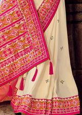 Dairy Cream Banarasi Woven Silk Saree with Designer Blouse