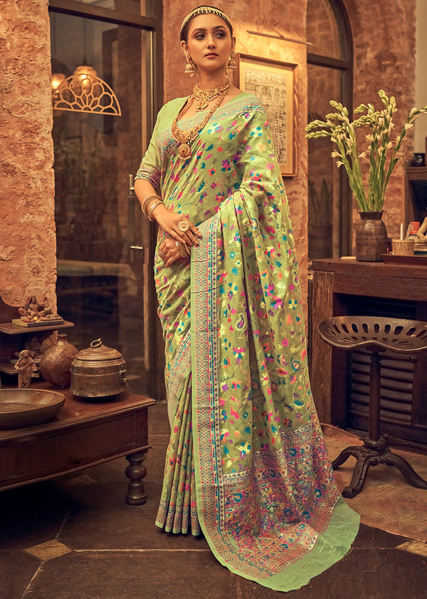 Celery Green Kashmiri Jamewar Woven Silk Saree