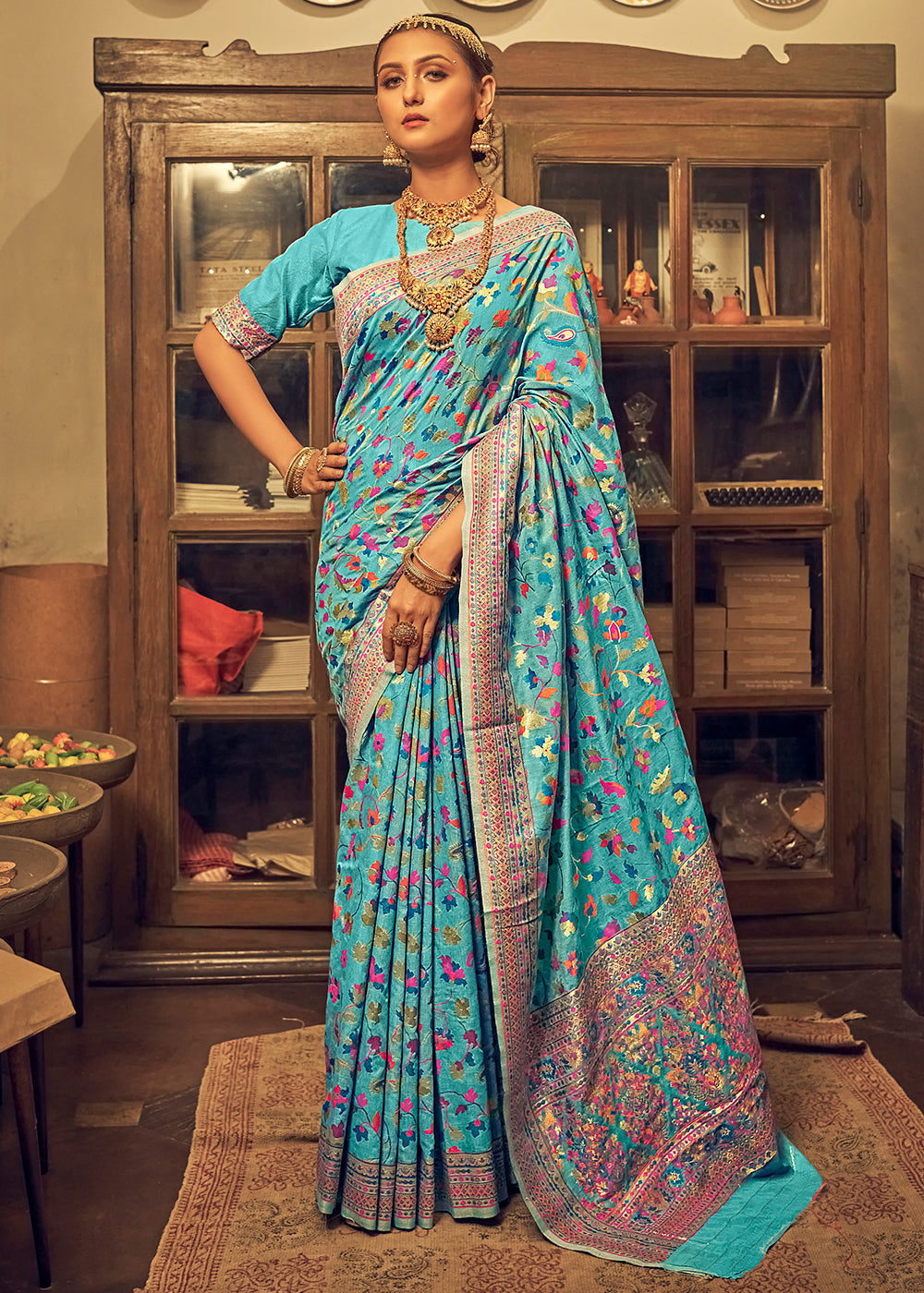 Buy MySilkLove Sinbad Blue Kashmiri Jamewar Woven Silk Saree Online