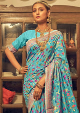 Sinbad Blue Kashmiri Jamewar Woven Silk Saree
