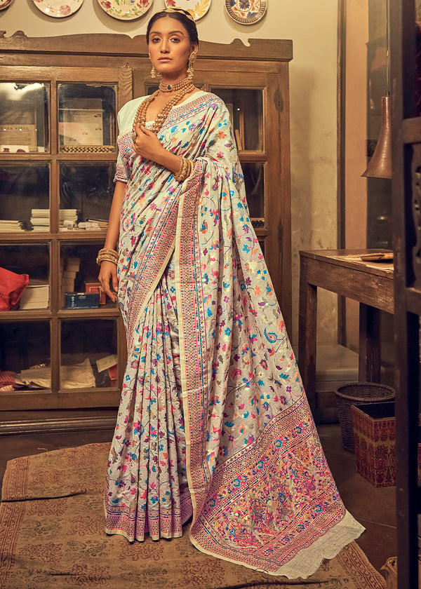 Sapling Cream Kashmiri Jamewar Woven Silk Saree
