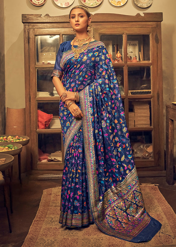 Blue Bayoux Kashmiri Jamewar Woven Silk Saree
