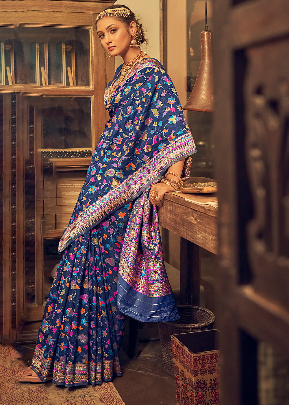 Buy MySilkLove Blue Bayoux Kashmiri Jamewar Woven Silk Saree Online