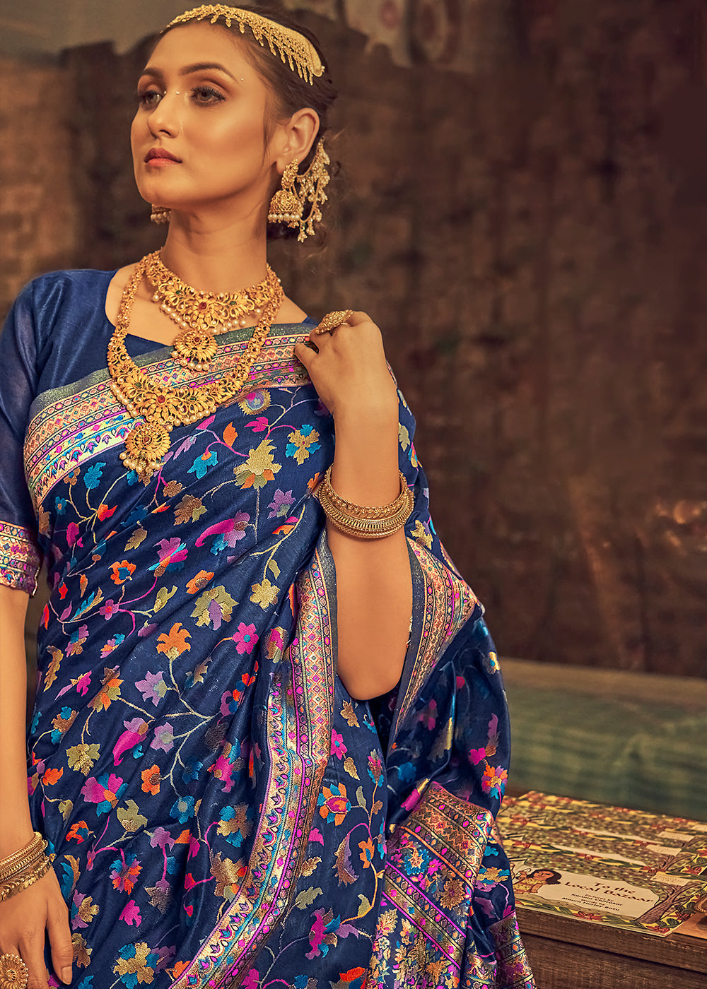 Buy MySilkLove Blue Bayoux Kashmiri Jamewar Woven Silk Saree Online