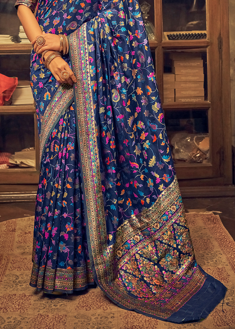 Buy MySilkLove Blue Bayoux Kashmiri Jamewar Woven Silk Saree Online