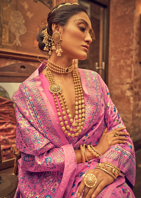 Pink Sherbert Kashmiri Jamewar Woven Silk Saree