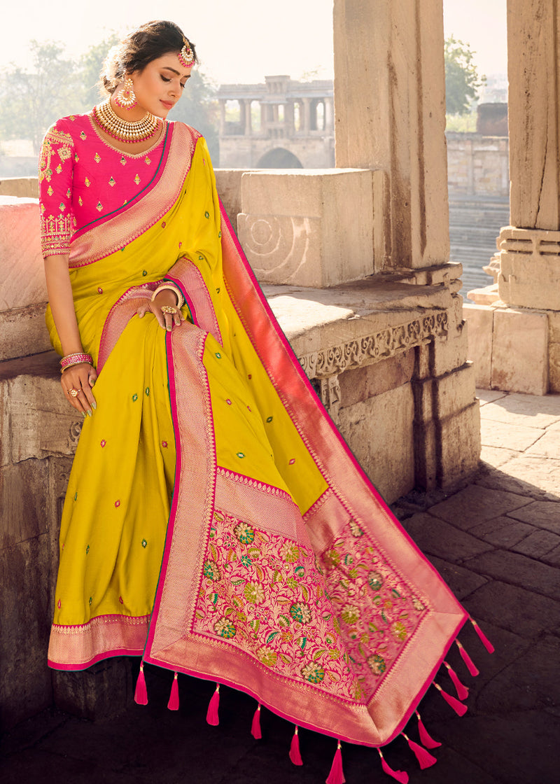 Supernova Yellow Banarasi Woven Silk Saree with Designer Blouse