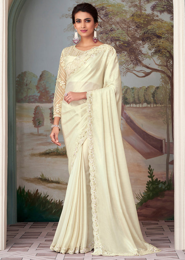 Apricot White Designer Embroidered Satin Silk Saree