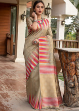 Sandrift Light Brown Tussar Raw Silk Saree