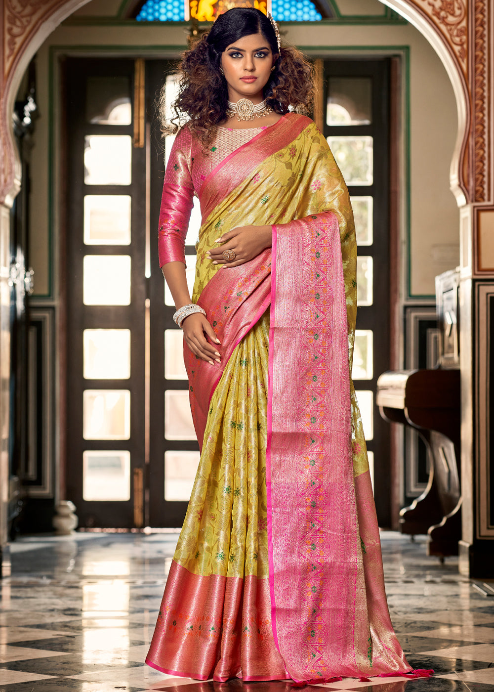 Buy MySilkLove Anzac Yellow and pink Woven Banarasi Organza Silk Saree Online