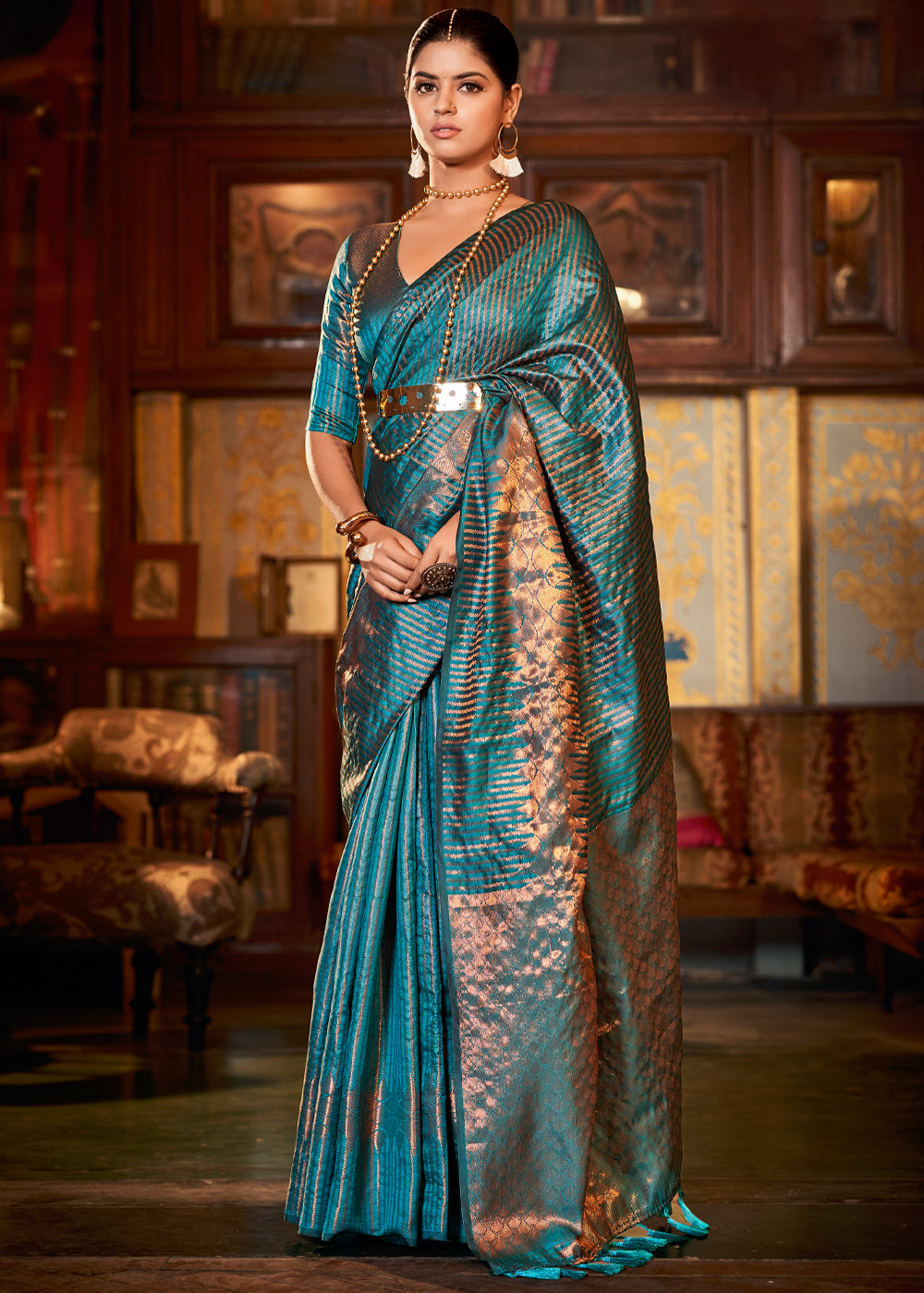 Buy MySilkLove Juniper Blue Zari Woven Kanjivaram Silk Saree Online