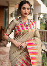 Sandrift Light Brown Tussar Raw Silk Saree