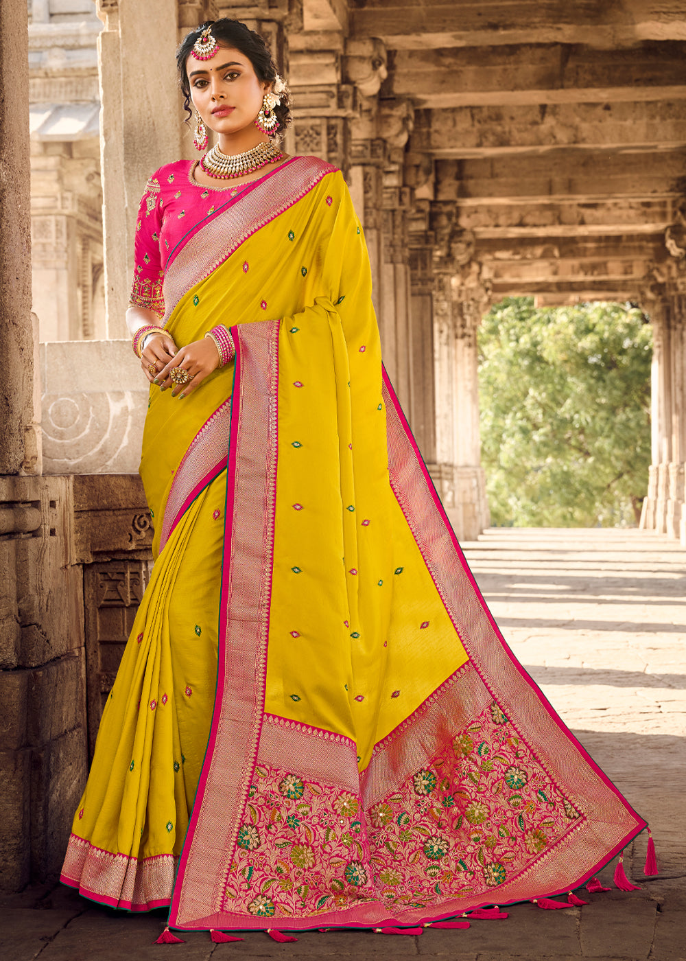 Buy MySilkLove Supernova Yellow Banarasi Woven Silk Saree with Designer Blouse Online