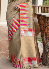 Sandrift Light Brown Tussar Raw Silk Saree