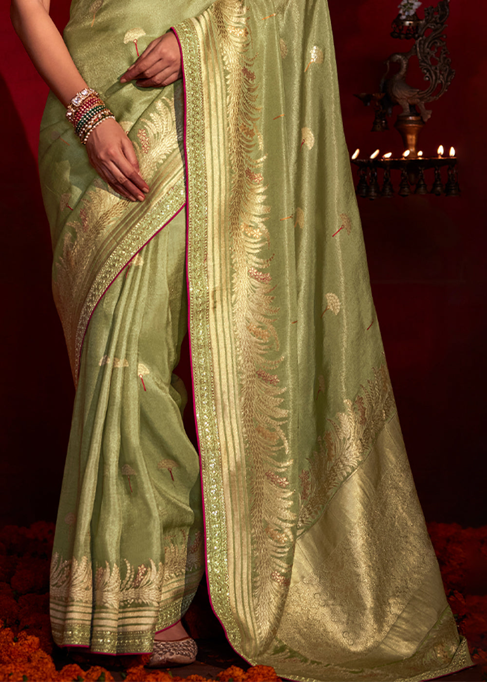 Buy MySilkLove Metal Green Woven Banarasi Georgette Silk Saree Online