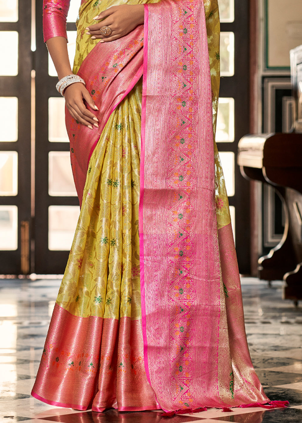 Buy MySilkLove Anzac Yellow and pink Woven Banarasi Organza Silk Saree Online