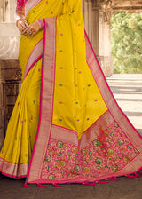 Supernova Yellow Banarasi Woven Silk Saree with Designer Blouse