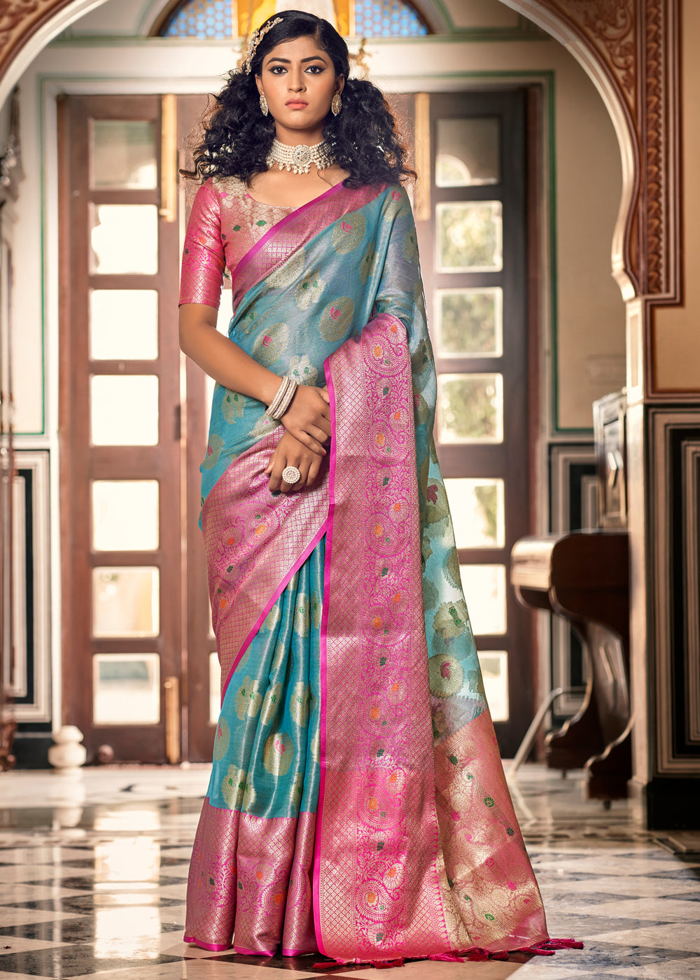 Buy MySilkLove Lynch Blue and Pink Woven Banarasi Organza Silk Saree Online