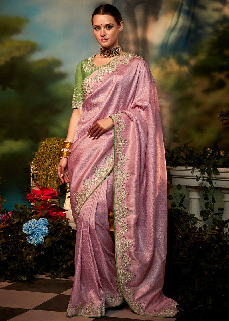 Rose Dust Pink Woven Banarasi Soft Silk Designer Saree