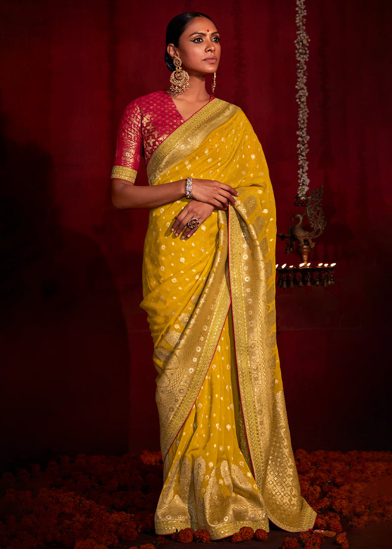 Buttercup Yellow Woven Banarasi Georgette Silk Saree