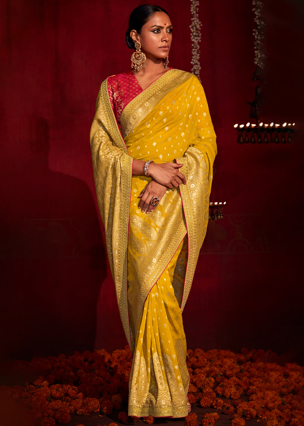 Buy MySilkLove Buttercup Yellow Woven Banarasi Georgette Silk Saree Online